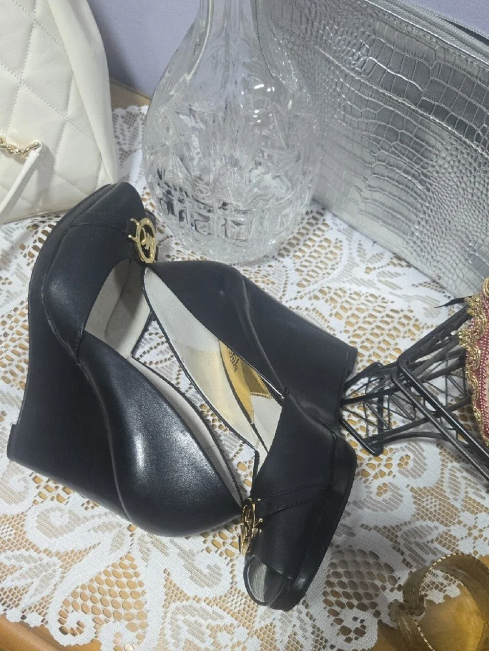 Michael Kors Black Peep-Toe Wedge with Gold MK Emblem
